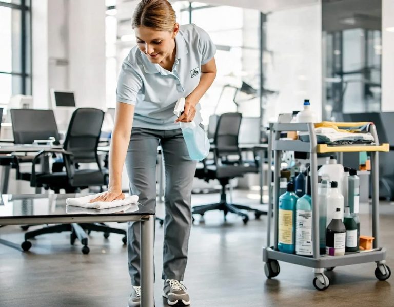 Krankheits- und Urlaubsvertretung Eine Putzkraft reinigt einen Tisch in einem modernen Büro mit Putzwagen im Hintergrund.