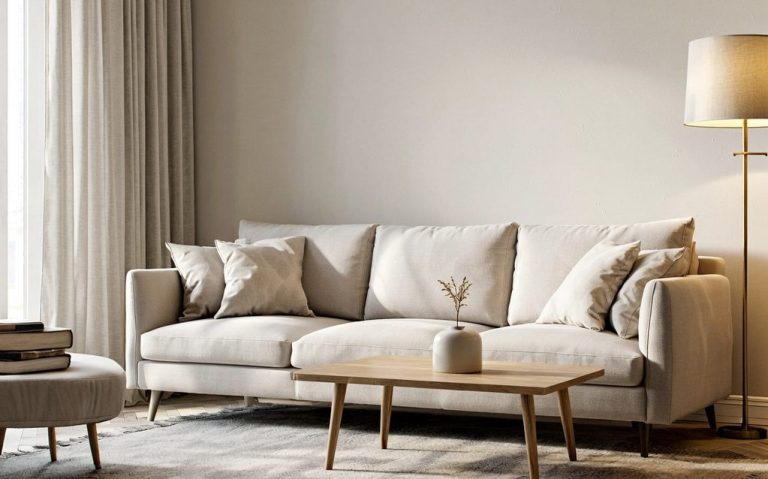 Haushaltsnahe Dienstleistung Helle, moderne Wohnzimmer mit beigem Sofa, Tisch und Stehlampe. Neutraler Farbton.