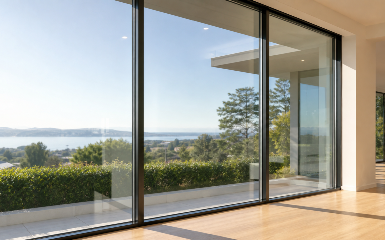 Fenster- und Rahmenreinigung Moderne Fensterfront mit Blick auf eine grüne Landschaft und einen See.
