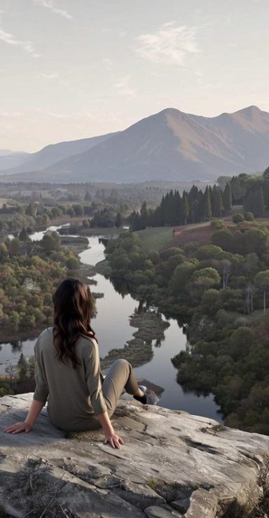 Frau in der Natur Frau sitzt auf einem Felsen mit Blick auf einen Fluss und die umliegenden Berge.