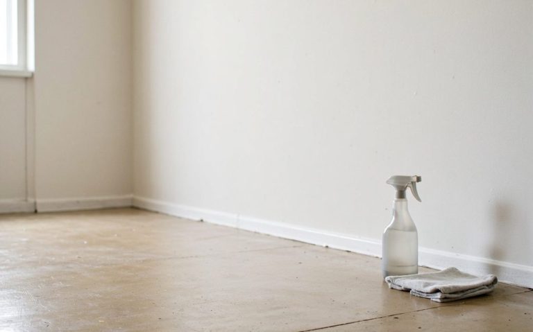Grundreinigung Sprühflasche und Putzlappen auf einem nackten Boden in einem leeren Raum.